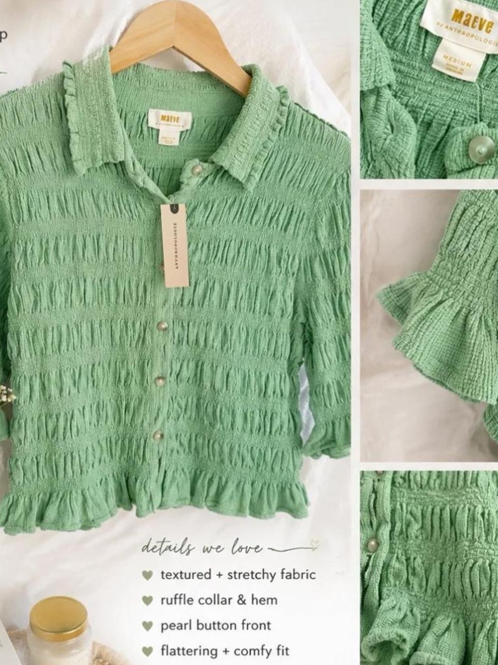 Anthropologie Maeve Sage Green Textured Ruffle-Trim Button Down